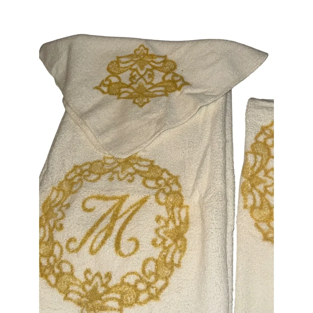 Vintage Ivory Monogrammed Towel Set Gold Letter M Fringe Guest Hand Towels